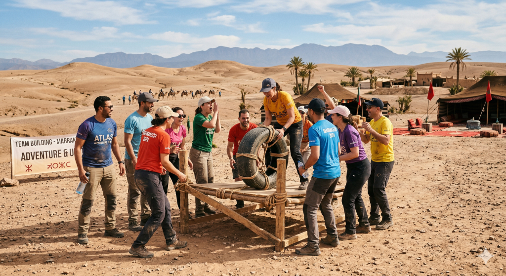 Équipe en activité de team building dans le désert à Marrakech